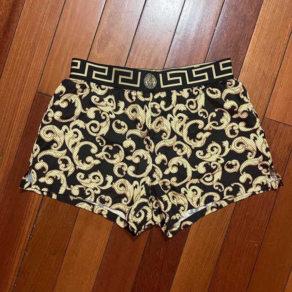 Versace Black and Gold Patterned Swim Trunks